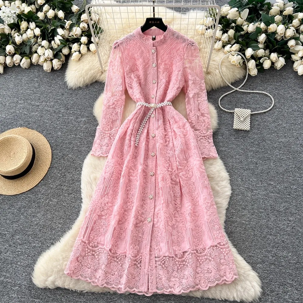 High End French Elegant Embroidered Flower Party Long Dress Women's Stand Single Breasted Pearl Belt Runway Lace Dress Vestidos
High End French Elegant Embroidered Flower Party Long Dress Women's Stand Single Breasted Pearl Belt Runway Lace Dress Vestidos