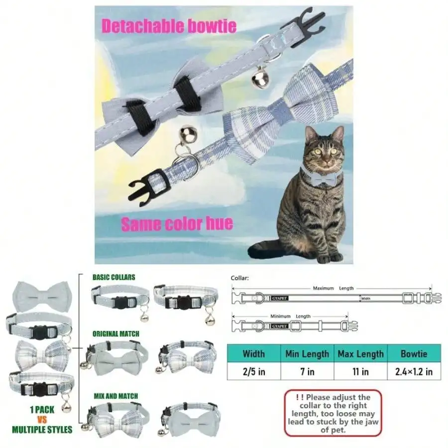 Collar Breakaway Bowtie Safety With Bell Adjustbale Kitten Puppy Solid Plaid Color Set D - 2pcs Blue
Collar Breakaway Bowtie Safety With Bell Adjustbale Kitten Puppy Solid Plaid Color Set D - 2pcs Blue