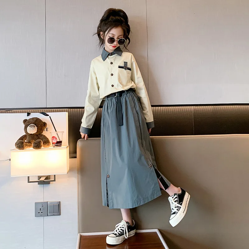 Korean New Spring Autumn Junior Girl Clothes Set Single-breasted Long Sleeve Top+Skirt 2PCS Gift Belt Set For Girls 4-15Yrs
Korean New Spring Autumn Junior Girl Clothes Set Single-breasted Long Sleeve Top+Skirt 2PCS Gift Belt Set For Girls 4-15Yrs