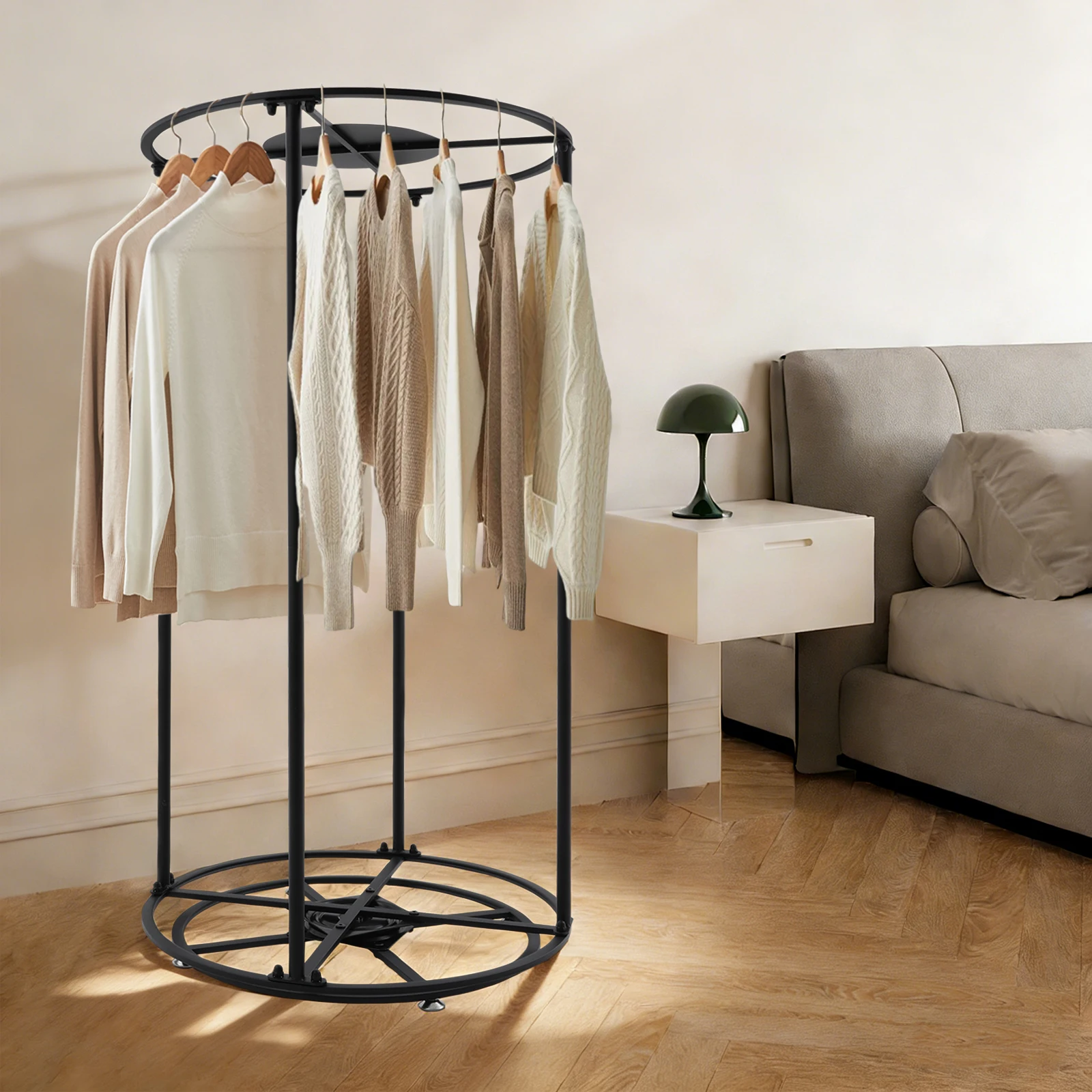 Black Rotating Clothing Organizer Display Rack 360-Degree Multi-Zone Smooth Edges Stylish Look with Foot Pads for Home Organization
Black Rotating Clothing Organizer Display Rack 360-Degree Multi-Zone Smooth Edges Stylish Look with Foot Pads for Home Organization