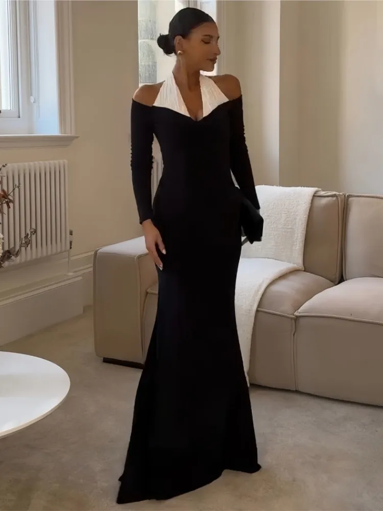 Fashionable Black Long-sleeved One-shoulder Dress Solid Color Off Shoulder Temperament Neck Halter Vestidos Vacation Trendy Chic
Fashionable Black Long-sleeved One-shoulder Dress Solid Color Off Shoulder Temperament Neck Halter Vestidos Vacation Trendy Chic