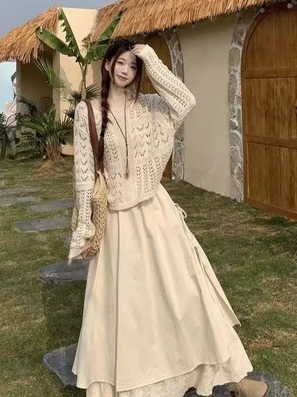 Bohemian Style Two-Piece Set Hollow out Top And Half Skirt Travel Wear Spring Summer Breathable Long Sleeve round Neck Shirt
Bohemian Style Two-Piece Set Hollow out Top And Half Skirt Travel Wear Spring Summer Breathable Long Sleeve round Neck Shirt