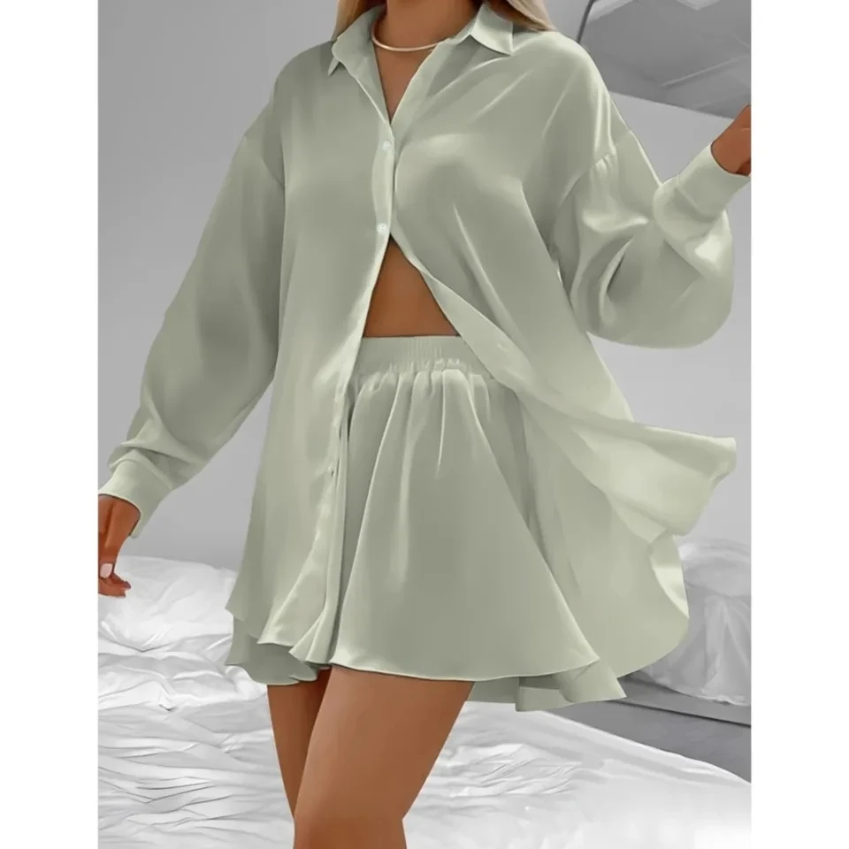 Women's Fashion White Long-sleeved Shirt And Shorts 2-piece Set Summer New Casual Loose Short Pants Skirts For Women's Home Wear
Women's Fashion White Long-sleeved Shirt And Shorts 2-piece Set Summer New Casual Loose Short Pants Skirts For Women's Home Wear