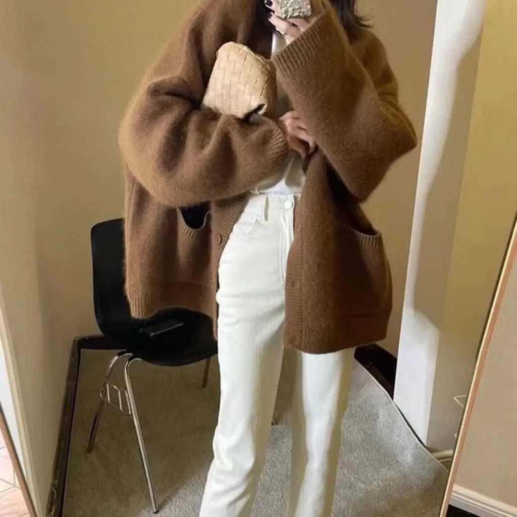 Женский однотонный свободный кардиган с длинными рукавами, осенне-зимний модный топ с двойным карманом, ленивый свитер 
Женский однотонный свободный кардиган с длинными рукавами, осенне-зимний модный топ с двойным карманом, ленивый свитер