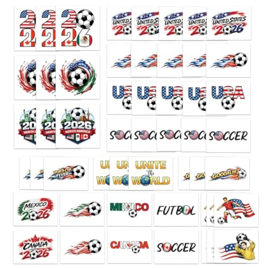 World Soccer 2026 Temporary Tattoos - USA Mexico Canada Football Theme - Watch Party Favors - Soccer Fan Tattoos - 52 Pack
World Soccer 2026 Temporary Tattoos - USA Mexico Canada Football Theme - Watch Party Favors - Soccer Fan Tattoos - 52 Pack