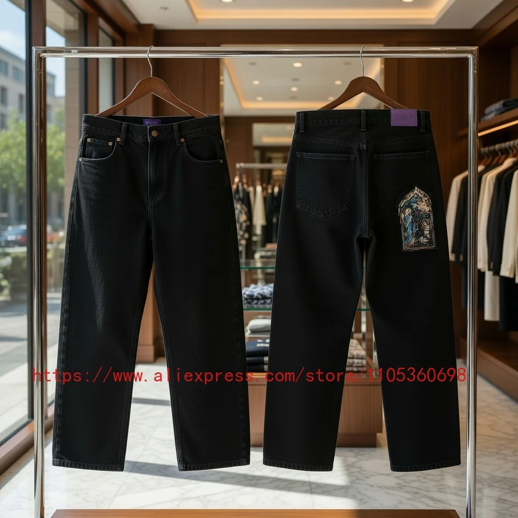 Real Photo DERSCHUTZE Men's Black Wide Leg Jeans Stained Glass Angel Figure Embroidery Patch Pocket Streetwear Loose Denim Pants
Real Photo DERSCHUTZE Men's Black Wide Leg Jeans Stained Glass Angel Figure Embroidery Patch Pocket Streetwear Loose Denim Pants