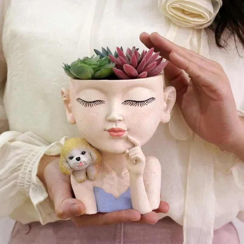 1 piece charming closed-eye girl half-body and dog flower pot, resin material creative flower pot hand-made sculpture ornaments
1 piece charming closed-eye girl half-body and dog flower pot, resin material creative flower pot hand-made sculpture ornaments