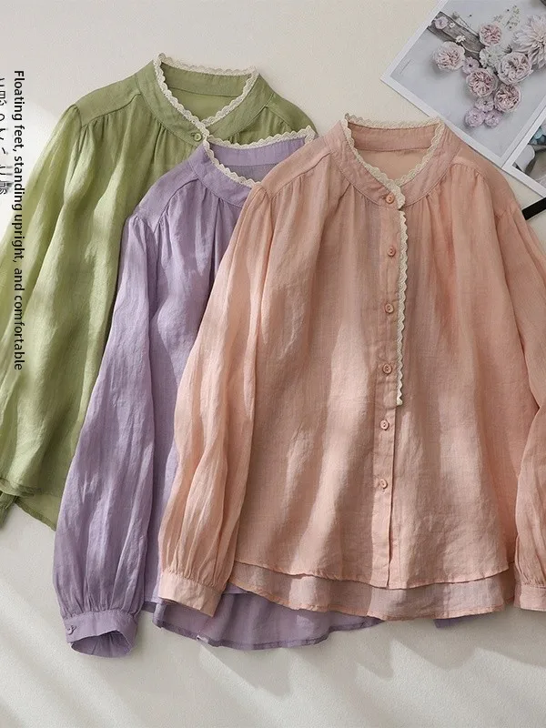 Retro Lace Trim Stand Collar Casual Cotton Linen Loose Fit Thin Shirt Cardigan Women's Fashion Spring Autumn Seasonal Clothing
Retro Lace Trim Stand Collar Casual Cotton Linen Loose Fit Thin Shirt Cardigan Women's Fashion Spring Autumn Seasonal Clothing