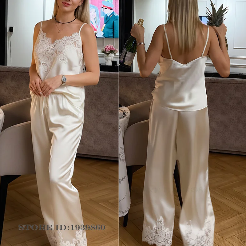 French Style Suspender Pajamas Trouser Suits Sexy Patchwork Lace Intimate Lingerie Pijamas Suit Summer New Satin Homewear Pyjama
French Style Suspender Pajamas Trouser Suits Sexy Patchwork Lace Intimate Lingerie Pijamas Suit Summer New Satin Homewear Pyjama