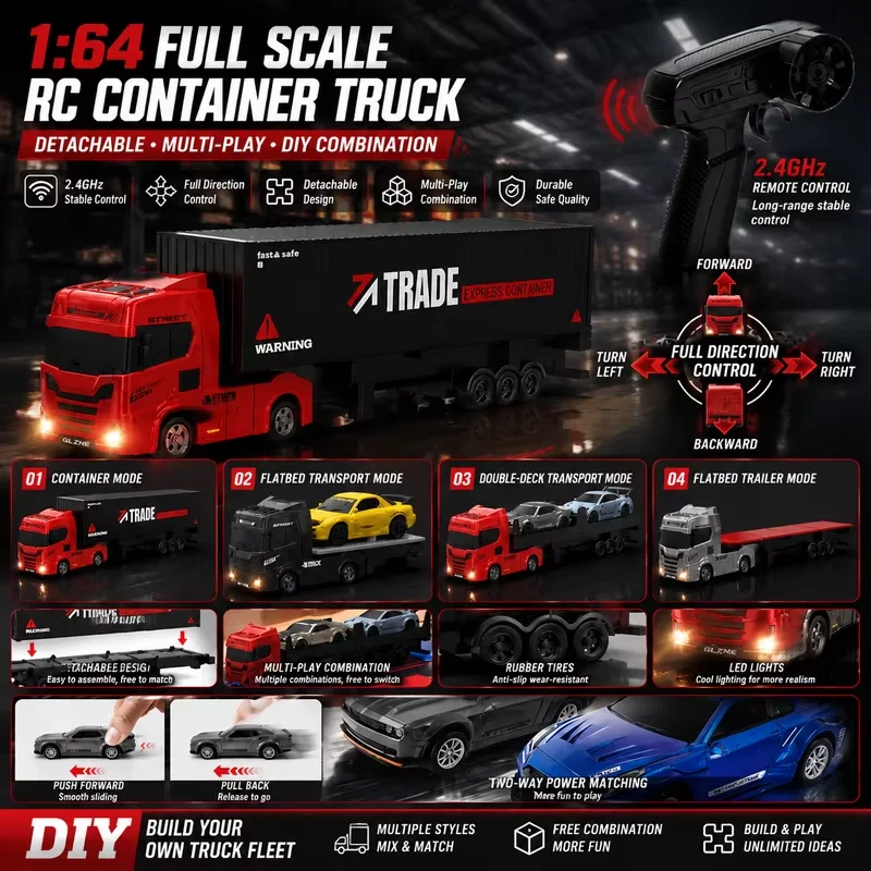 1:64 RC Trailer Truck Combo Set with Container + Flatbed DIY, Includes 2 Mini Cars, Fun Gift for Kids Adults, Full Play RC Toy
1:64 RC Trailer Truck Combo Set with Container + Flatbed DIY, Includes 2 Mini Cars, Fun Gift for Kids Adults, Full Play RC Toy