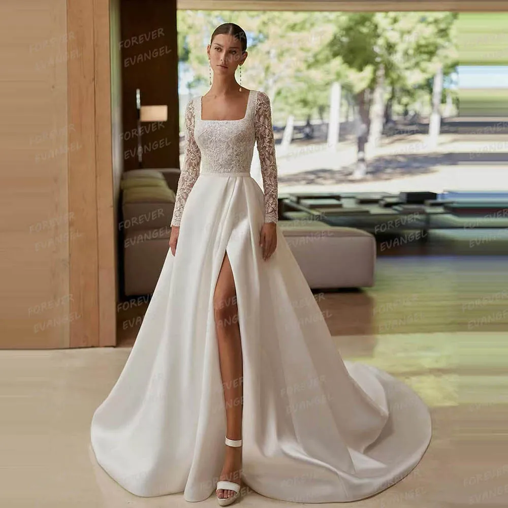 Classic Wedding Dresses Woman's A Line Sexy Appliques Long Sleeve Boat Neck High Split Bride Gowns Formal Vestidos Customized
Classic Wedding Dresses Woman's A Line Sexy Appliques Long Sleeve Boat Neck High Split Bride Gowns Formal Vestidos Customized