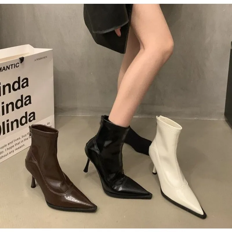 Sexy Women's Patent Leather Pointed Toe Ankle Boots Thin High Heels Short Boots Black Red Beige Back Zipper High Heel Pumps
Sexy Women's Patent Leather Pointed Toe Ankle Boots Thin High Heels Short Boots Black Red Beige Back Zipper High Heel Pumps