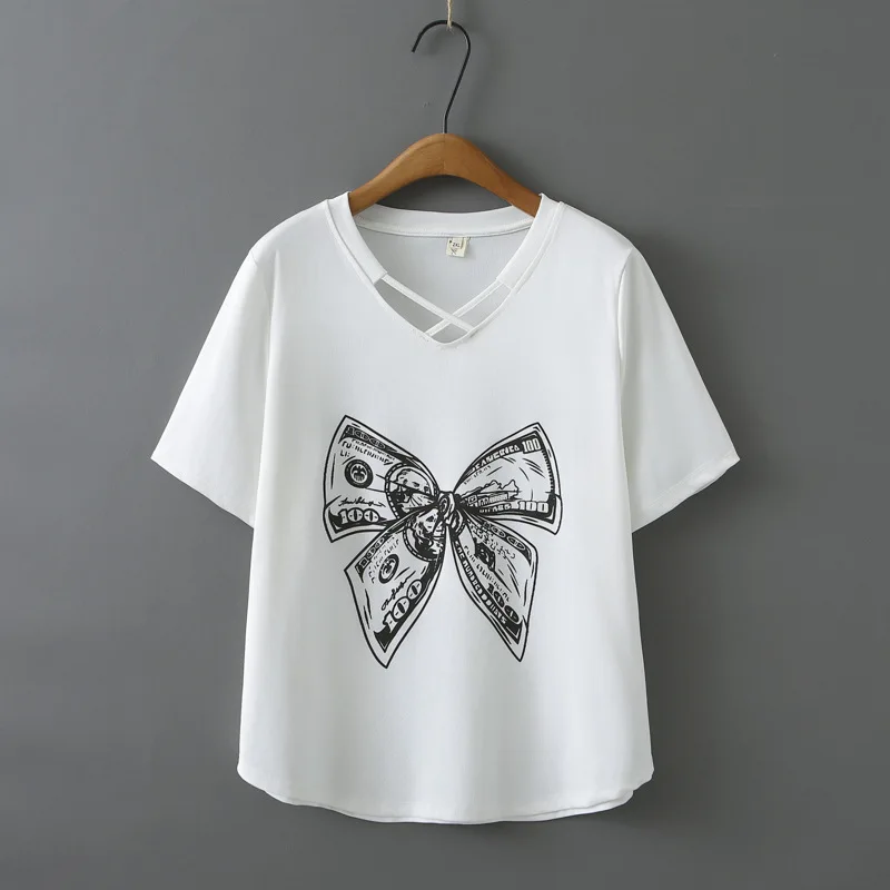 100kg Summer Top New Design Sense V-neck Hollow Print Bow Short Sleeve Women T-shirt 8321
100kg Summer Top New Design Sense V-neck Hollow Print Bow Short Sleeve Women T-shirt 8321