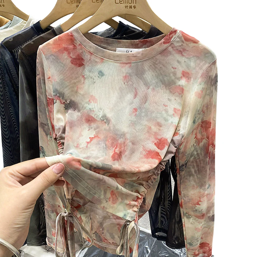 Tie Dye Drawstring T-shirt Spring Summer French Long Sleeved Tee Fashion Mesh Cool Girls O- neck Top
Tie Dye Drawstring T-shirt Spring Summer French Long Sleeved Tee Fashion Mesh Cool Girls O- neck Top
