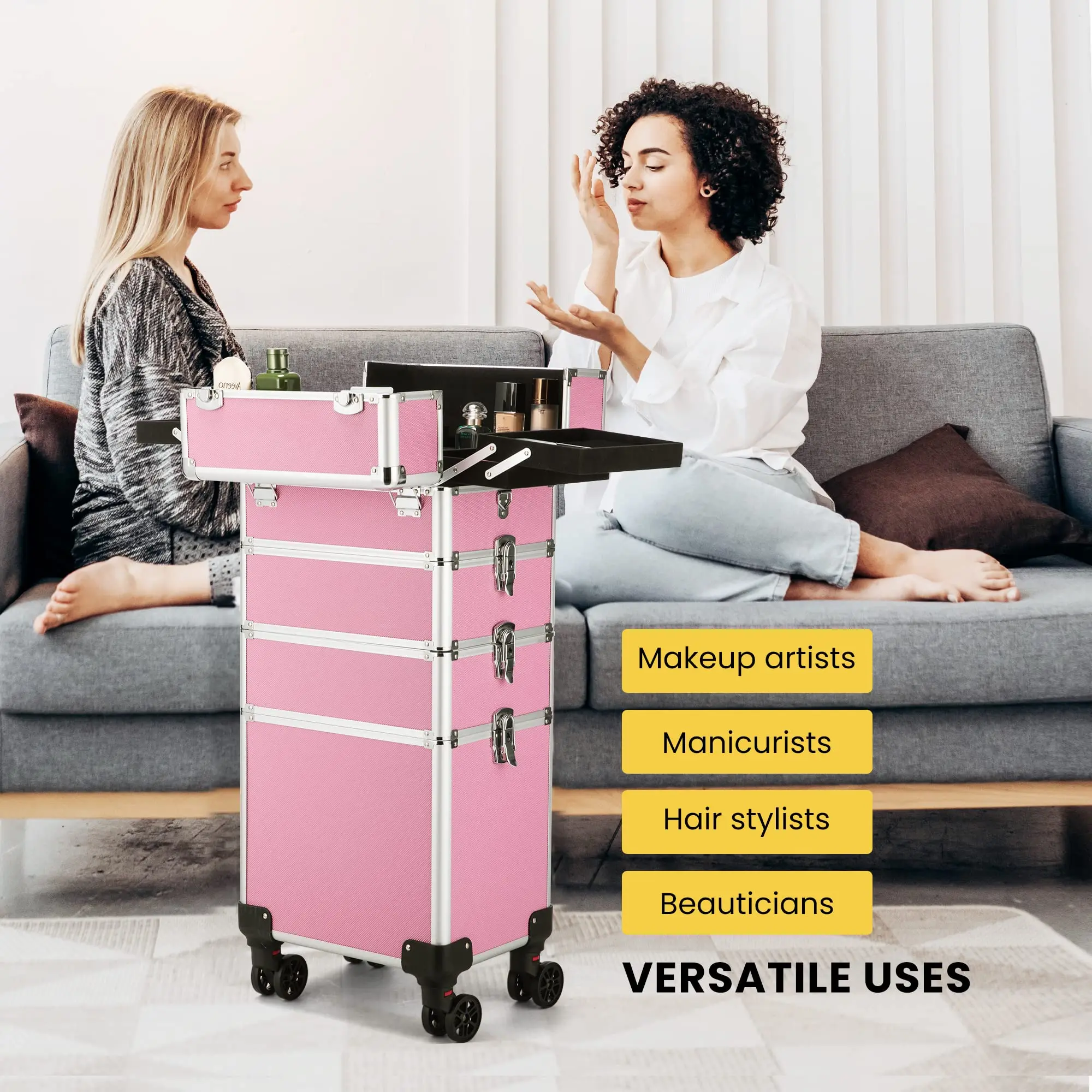Aluminum Rolling Cosmetic Trolley 4 in 1 Professional Pink Makeup Train Case on Wheels Lockable Box for Beauty Artists
Aluminum Rolling Cosmetic Trolley 4 in 1 Professional Pink Makeup Train Case on Wheels Lockable Box for Beauty Artists