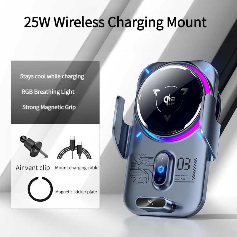 25W Semiconductor Cooling Wireless Car Charger, Auto-Clamping Air Vent Holder with Cooling Fan for iPhone Samsung Android
25W Semiconductor Cooling Wireless Car Charger, Auto-Clamping Air Vent Holder with Cooling Fan for iPhone Samsung Android