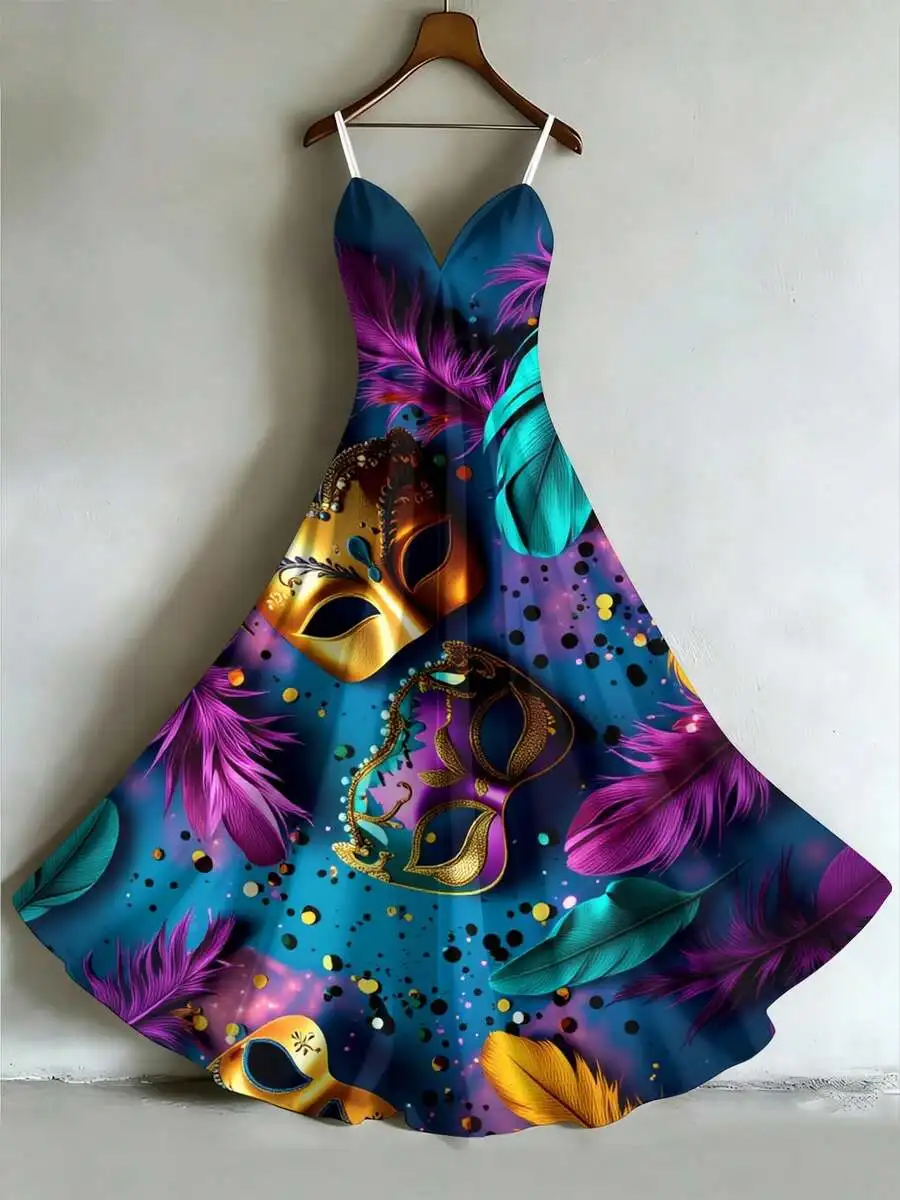 Womens V-Neck A-Line Maxi Dress With Mardi Gras Mask And Feather Print
Womens V-Neck A-Line Maxi Dress With Mardi Gras Mask And Feather Print