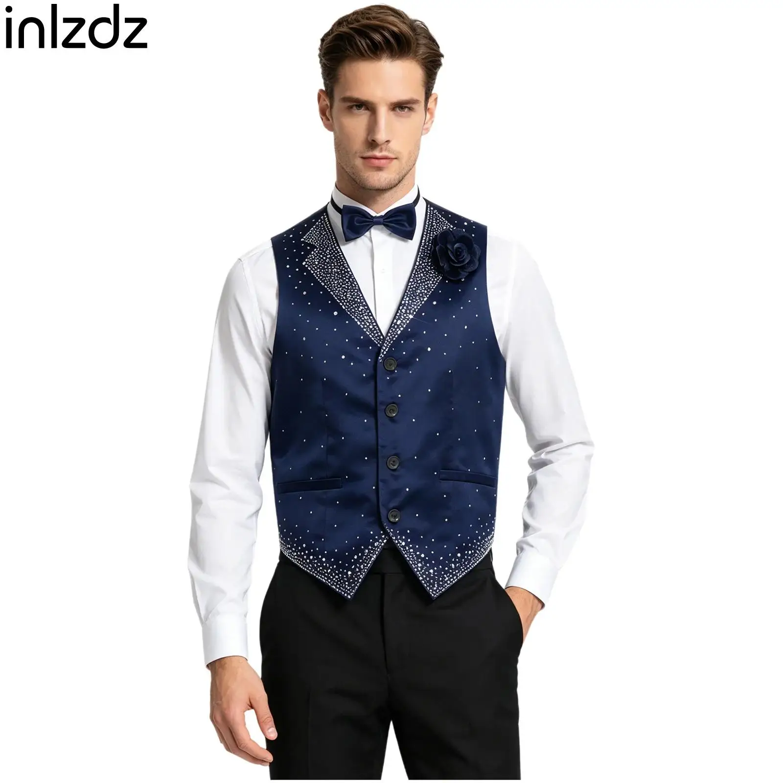 Sleeveless Waistcoat for Men V Neck Pointed Hem with Bowtie and 3D Flower Brooch Formal Tank Cocktails Night Club Disco Costume
Sleeveless Waistcoat for Men V Neck Pointed Hem with Bowtie and 3D Flower Brooch Formal Tank Cocktails Night Club Disco Costume