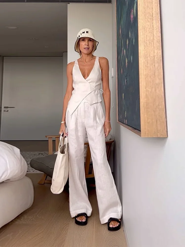 Chic Cotton And Linen Women's Two Piece Suit V-neck Sleeveless Lace Up Top Straight-leg Pants 2025 Summer Lady Commute Outfits
Chic Cotton And Linen Women's Two Piece Suit V-neck Sleeveless Lace Up Top Straight-leg Pants 2025 Summer Lady Commute Outfits