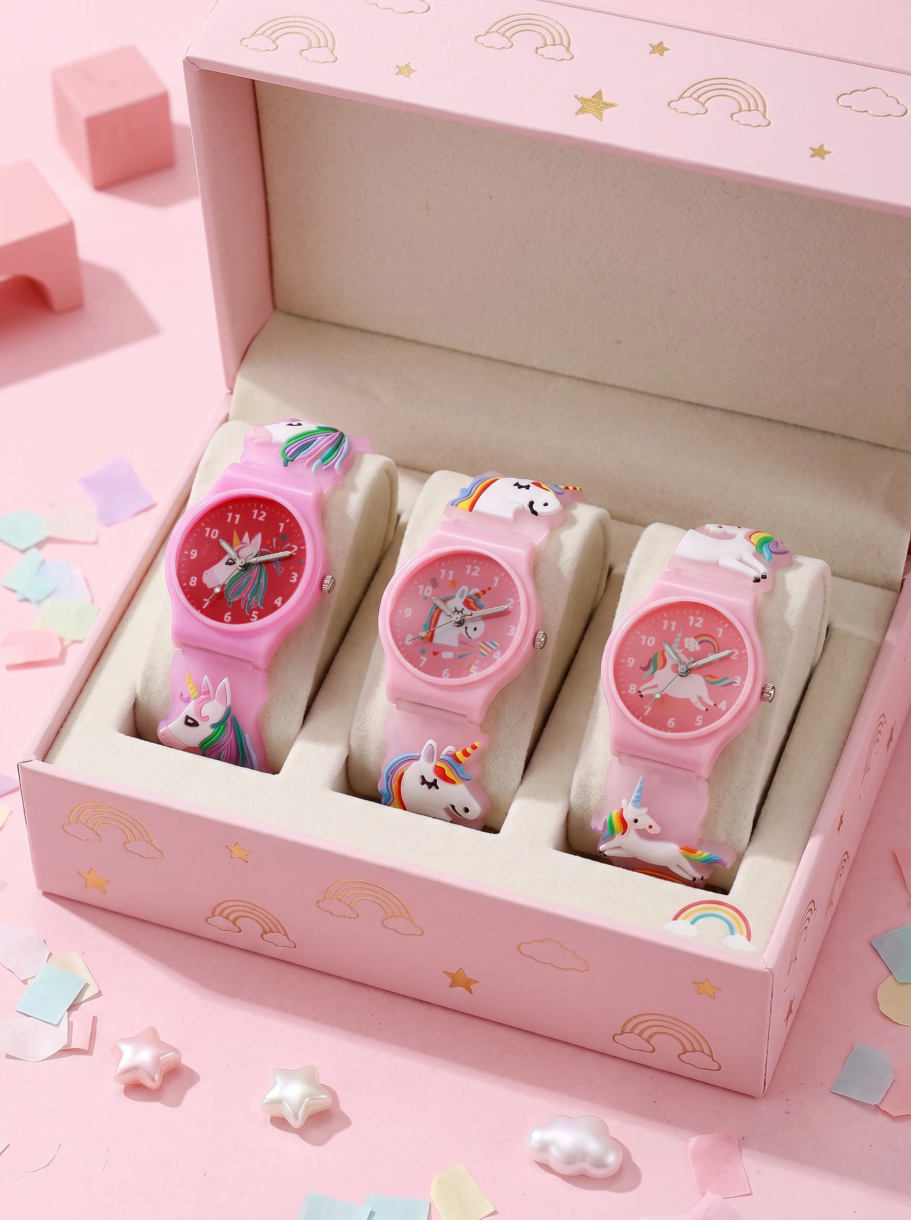 3Pcs Kids Cartoon Rainbow Unicorn Silicone Quartz Watch Set, No Box, Lovely Girls Casual Wristwatch for Back To School, Vacation
3Pcs Kids Cartoon Rainbow Unicorn Silicone Quartz Watch Set, No Box, Lovely Girls Casual Wristwatch for Back To School, Vacation