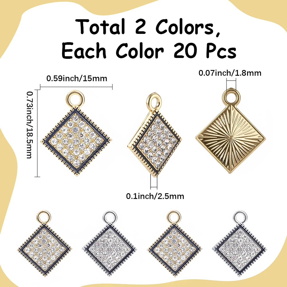 40Pcs 2 Colors Alloy Rhinestone Pendants Rhombus Charms Platinum Golden 18.5x15x2.5mm Hole: 1.8mm 20pcs/color
40Pcs 2 Colors Alloy Rhinestone Pendants Rhombus Charms Platinum Golden 18.5x15x2.5mm Hole: 1.8mm 20pcs/color