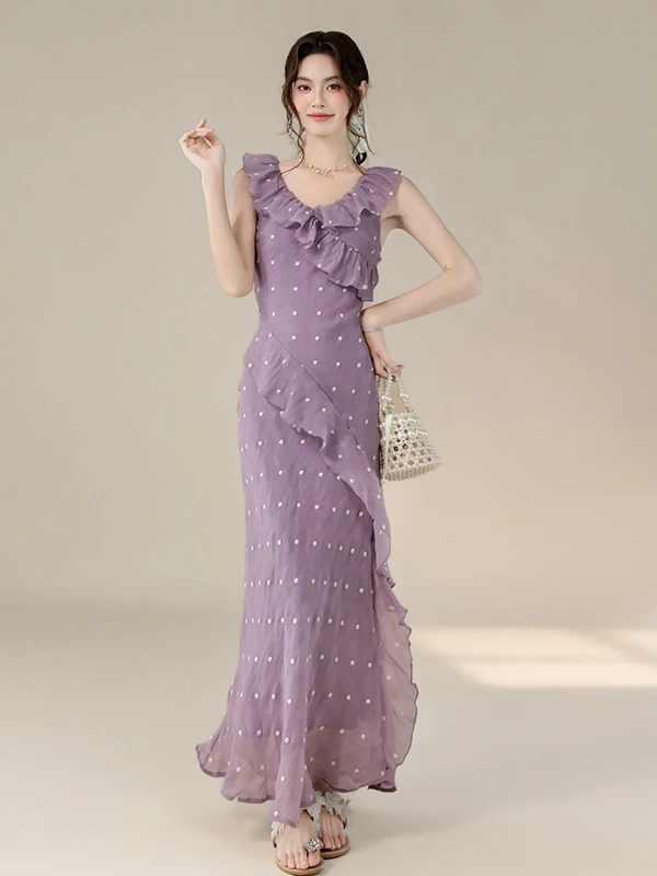 Summer Polka Dot Ruffle Sleeveless Women's Dress Waist Cinched Slimming Fish Tail Long Skirt Elegant Style City Commute
Summer Polka Dot Ruffle Sleeveless Women's Dress Waist Cinched Slimming Fish Tail Long Skirt Elegant Style City Commute