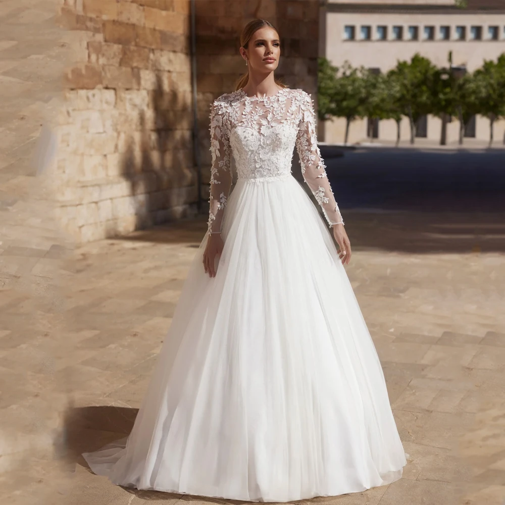 Applique Lace Wedding Dresses O-Neck Long Sleeves O-Neck Backless Full Sleeves Sexy Bride Goowns Elegant vestidos de novia
Applique Lace Wedding Dresses O-Neck Long Sleeves O-Neck Backless Full Sleeves Sexy Bride Goowns Elegant vestidos de novia