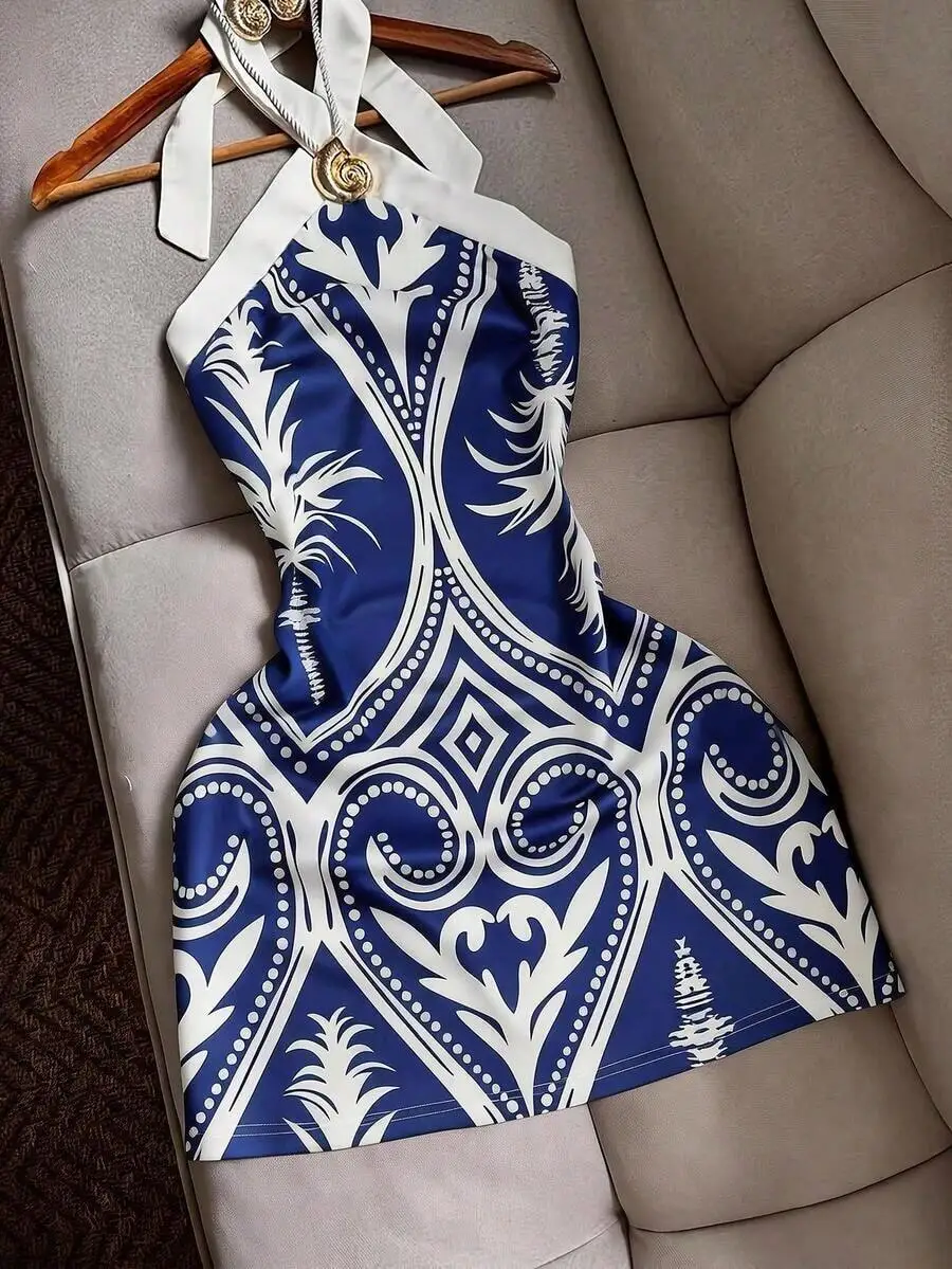 Blue Halter Neck Tie Waist Printed Mini Dress For Women
Blue Halter Neck Tie Waist Printed Mini Dress For Women