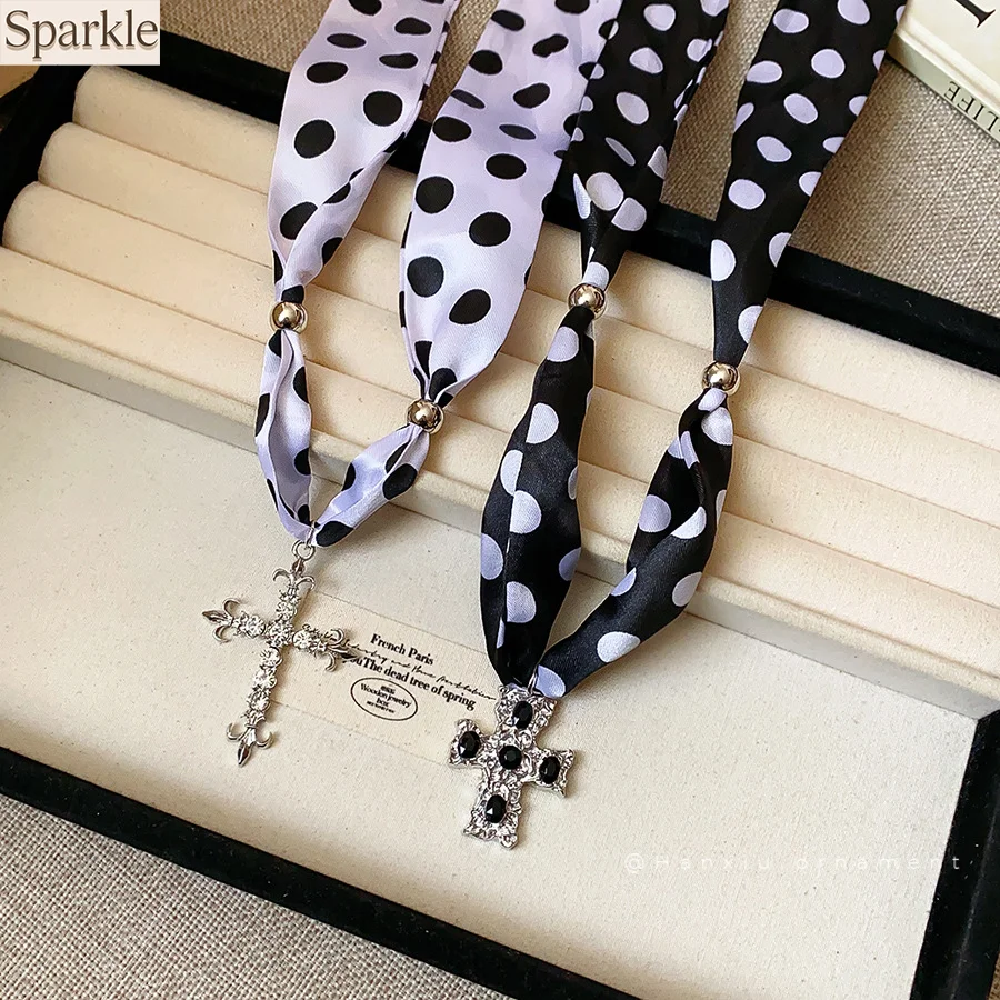 Polka Dot Silk Scarf Zircon Cross Pendant Necklace Y2K Vintage Creative Sweater Chain Unique Fashion Neck Jewelry for Women
Polka Dot Silk Scarf Zircon Cross Pendant Necklace Y2K Vintage Creative Sweater Chain Unique Fashion Neck Jewelry for Women
