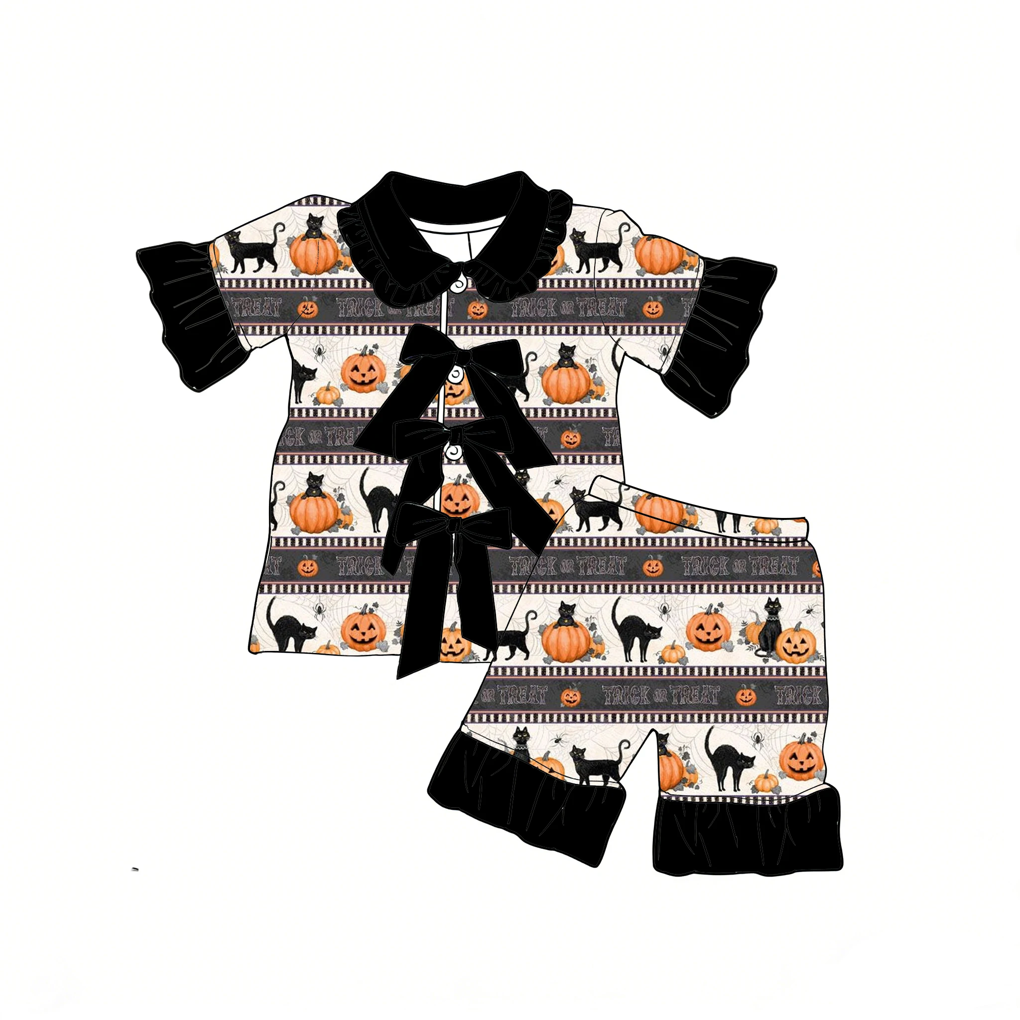 New Halloween boutique kid's pjs set collared ruffled short-sleeved shorts set bow-decorated buttons spider web pumpkin print
New Halloween boutique kid's pjs set collared ruffled short-sleeved shorts set bow-decorated buttons spider web pumpkin print