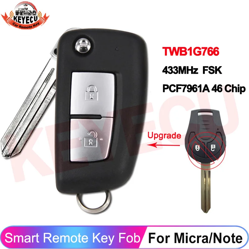 KEYECU TWB1G766 433MHz Upgraded Flip Key Remote For 2014 2015 2016 2017 Nissan Micra Note 2 Buttons Fob PCF7961A ID46 Chip
KEYECU TWB1G766 433MHz Upgraded Flip Key Remote For 2014 2015 2016 2017 Nissan Micra Note 2 Buttons Fob PCF7961A ID46 Chip