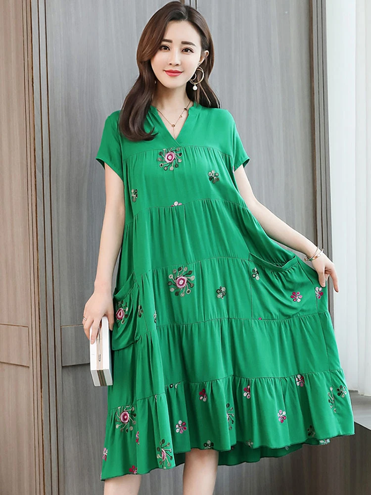 High-Guality 2023 New Fit Dress Women's Summer Short-Sleeved Loose Waist Green Blue Rose Print Tide Midi Dresses
High-Guality 2023 New Fit Dress Women's Summer Short-Sleeved Loose Waist Green Blue Rose Print Tide Midi Dresses