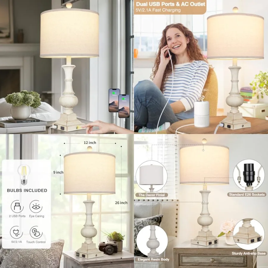 26" Farmhouse Table Lamp, Vintage Rustic Touch Control Bedside Lamp with 2 USB Ports and AC Outlet, Boho Resin 3-Way Dimmable N
26" Farmhouse Table Lamp, Vintage Rustic Touch Control Bedside Lamp with 2 USB Ports and AC Outlet, Boho Resin 3-Way Dimmable N