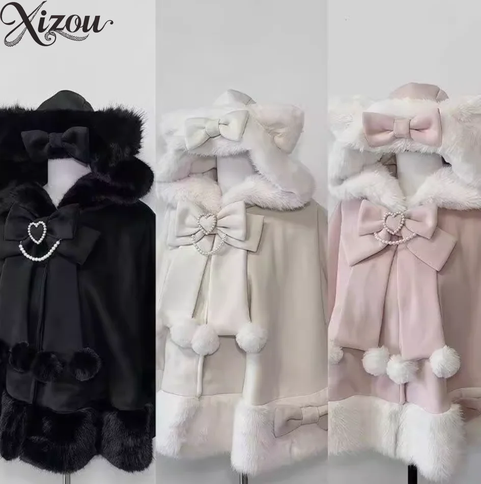 2026 New Furry Bowknot Spliced Cat Ear Hooded Cape Wool Coat Winter Warm Jacket Sweet Elegant Lolita Style Hooded Cloak
2026 New Furry Bowknot Spliced Cat Ear Hooded Cape Wool Coat Winter Warm Jacket Sweet Elegant Lolita Style Hooded Cloak