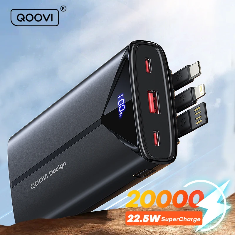 Портативное зарядное устройство QOOVI 20000 мАч, 22,5 Вт, быстрая зарядка, встроенный кабель, внешний большой аккумулятор, портативное зарядное устройство для iPhone, Samsung, Xiaomi
Портативное зарядное устройство QOOVI 20000 мАч, 22,5 Вт, быстрая зарядка, встроенный кабель, внешний большой аккумулятор, портативное зарядное устройство для iPhone, Samsung, Xiaomi