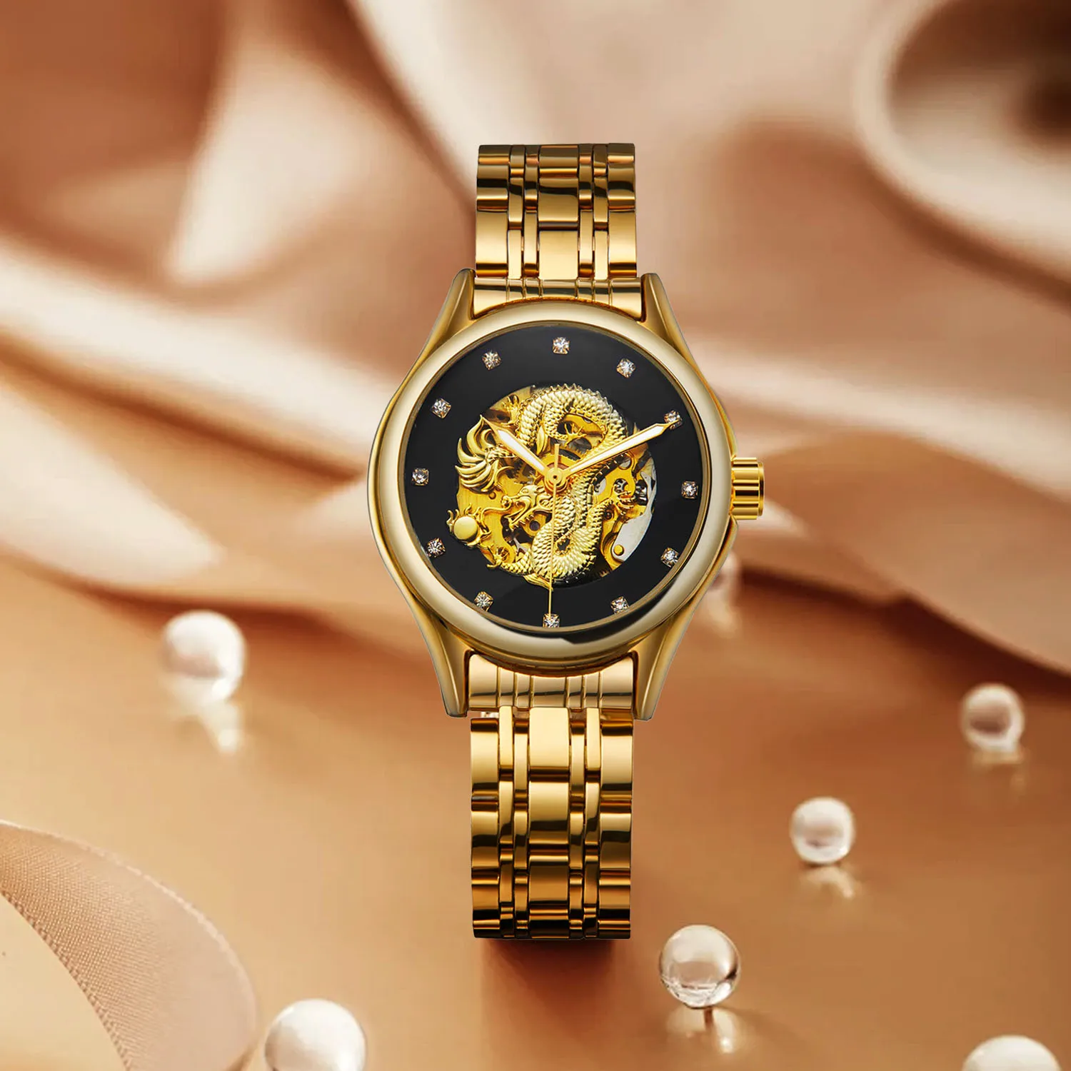 Forsining Female Automatic Self Wind Wrist Watch Analog Dragon Luxury Lady Mechanical Watches Golden Stainless Steel Strap Watch
Forsining Female Automatic Self Wind Wrist Watch Analog Dragon Luxury Lady Mechanical Watches Golden Stainless Steel Strap Watch