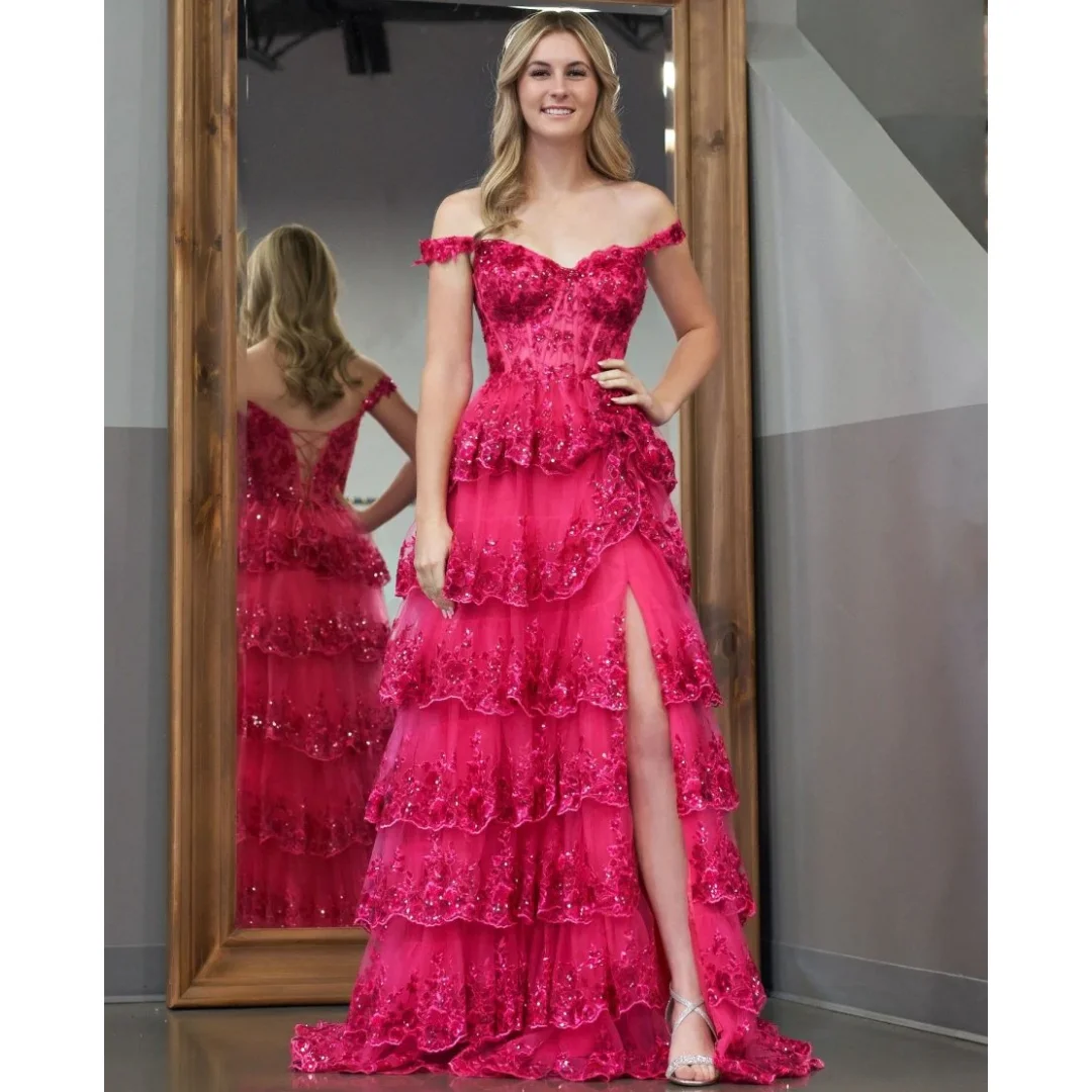 Sparkle Lace Prom Dresses 2025 Woman Off Shoulder Evening Gown with Slit Tiered Sequins Wedding Party Dress Customized
Sparkle Lace Prom Dresses 2025 Woman Off Shoulder Evening Gown with Slit Tiered Sequins Wedding Party Dress Customized