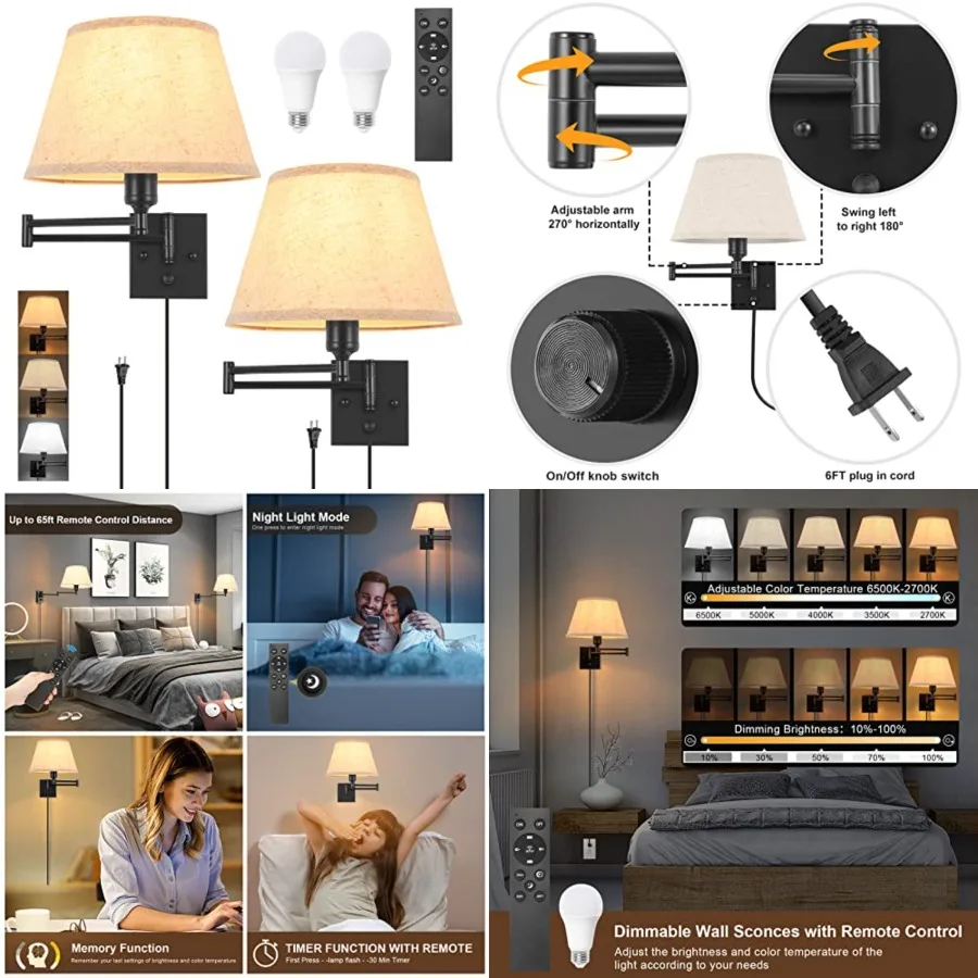Wall Sconce Plug in, Remote Control Dimming 10-100% and Adjustable Color Temperature 2700K-6500K Swing Arm Wall Lights with Plu
Wall Sconce Plug in, Remote Control Dimming 10-100% and Adjustable Color Temperature 2700K-6500K Swing Arm Wall Lights with Plu