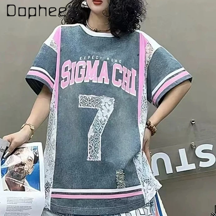 Trendy T-shirt Women's Lace Striped Splicing Contrasting Colors Fashion Alphabet Printing Loose Round Neck Short-sleeved Top
Trendy T-shirt Women's Lace Striped Splicing Contrasting Colors Fashion Alphabet Printing Loose Round Neck Short-sleeved Top