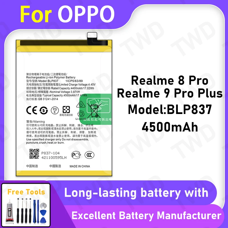 High Quality 4500mAh BLP837 Battery For OPPO Realme 8 Pro 9 Pro Plus Long Lasting Power +Free Tools
High Quality 4500mAh BLP837 Battery For OPPO Realme 8 Pro 9 Pro Plus Long Lasting Power +Free Tools