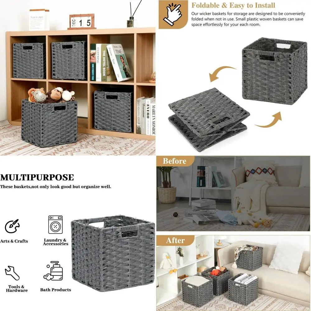 Set of 4 Foldable Wicker Cube Storage Baskets, 11x11x11 inch, Grey, for Shelves, Closet, Clothes, and Toys
Set of 4 Foldable Wicker Cube Storage Baskets, 11x11x11 inch, Grey, for Shelves, Closet, Clothes, and Toys