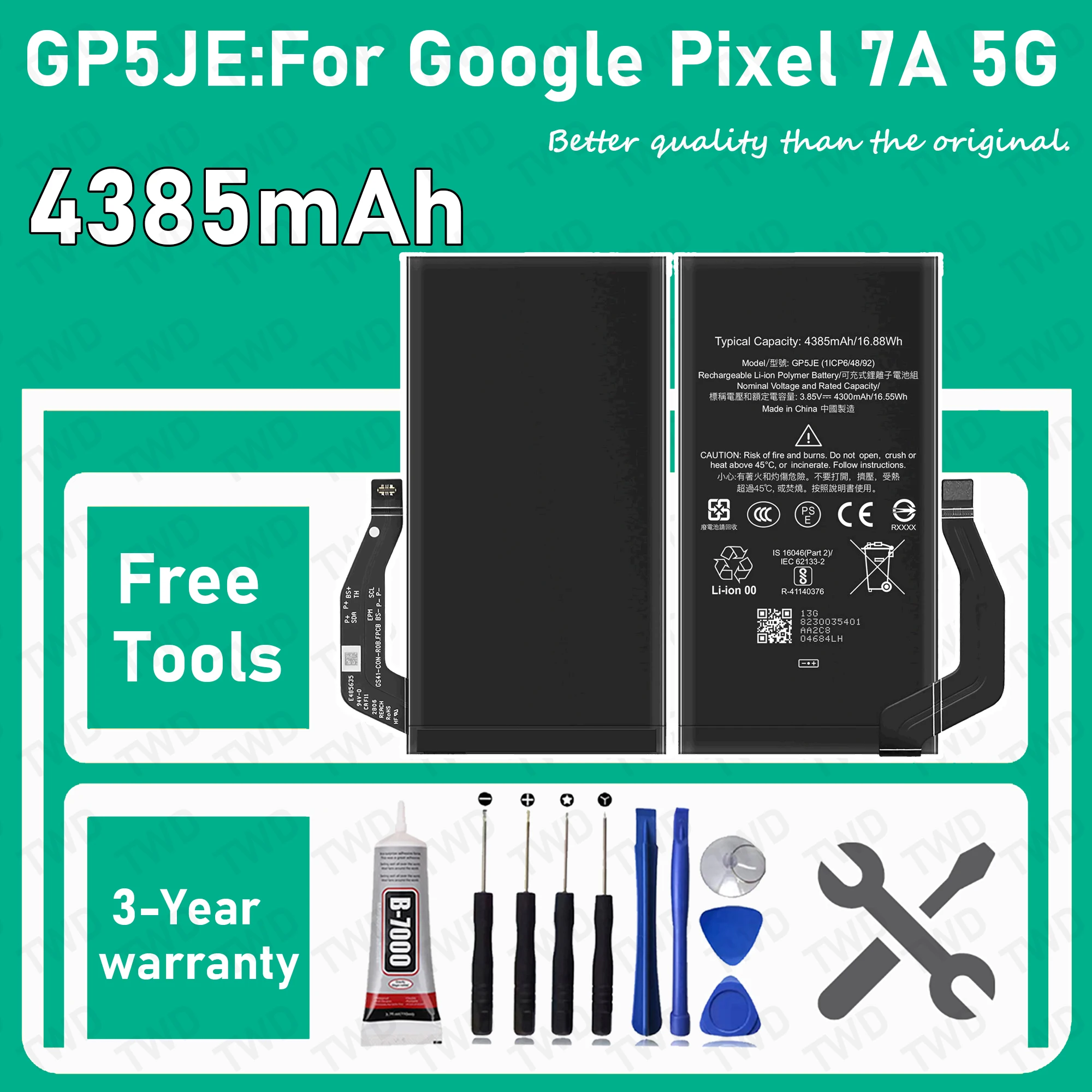 GP5JE Аккумулятор большой емкости 4385 мАч для Google Pixel 7A 5G, новые аккумуляторы высокого качества + бесплатные инструменты
GP5JE Аккумулятор большой емкости 4385 мАч для Google Pixel 7A 5G, новые аккумуляторы высокого качества + бесплатные инструменты