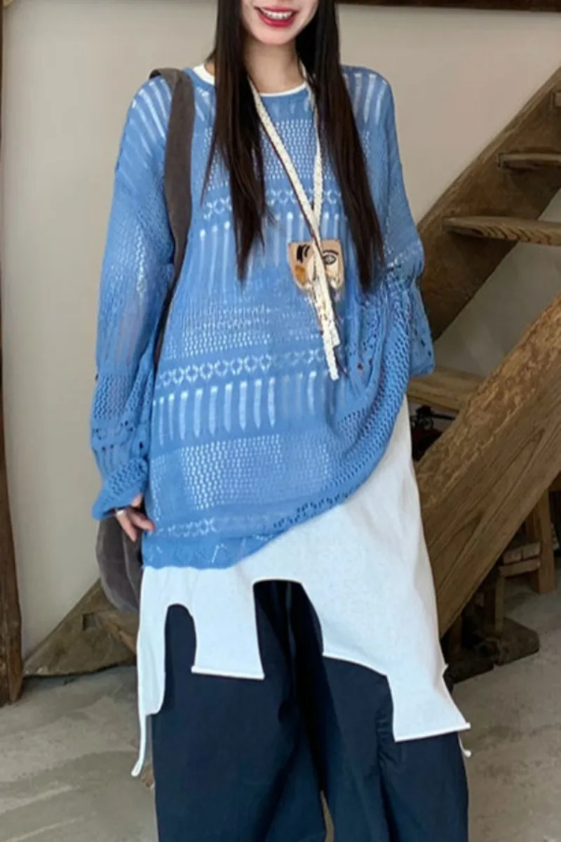 2025 синий тонкий ленивый топ с длинными рукавами, летняя вязаная новая свободная рубашка с полым дизайном, солнцезащитная рубашка, женская одежда
2025 синий тонкий ленивый топ с длинными рукавами, летняя вязаная новая свободная рубашка с полым дизайном, солнцезащитная рубашка, женская одежда