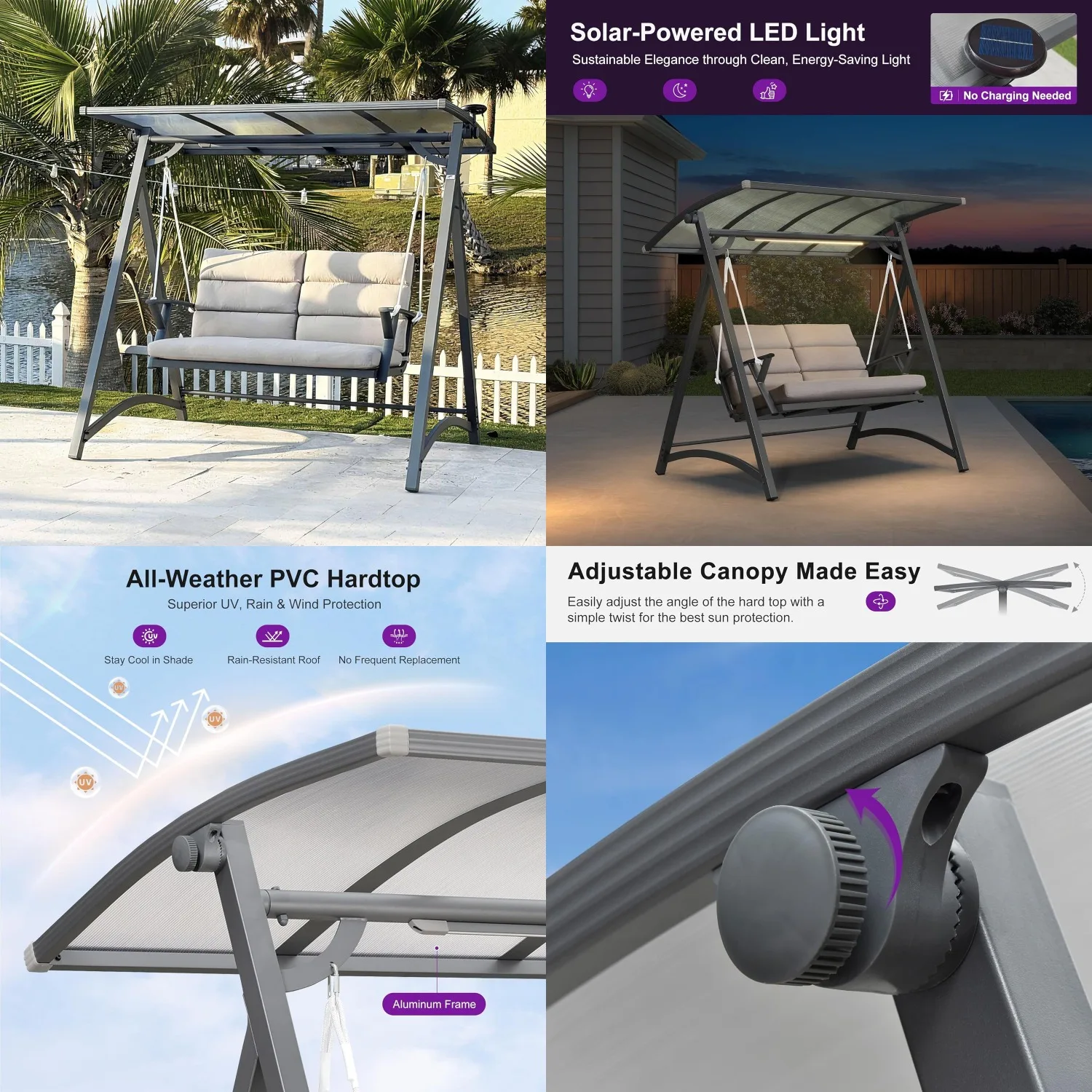 2 Person Outdoor Patio Swing Chair with PVC Canopy Solar LED Light Cushions for Backyard Yard Glider Bench, Customized
2 Person Outdoor Patio Swing Chair with PVC Canopy Solar LED Light Cushions for Backyard Yard Glider Bench, Customized
