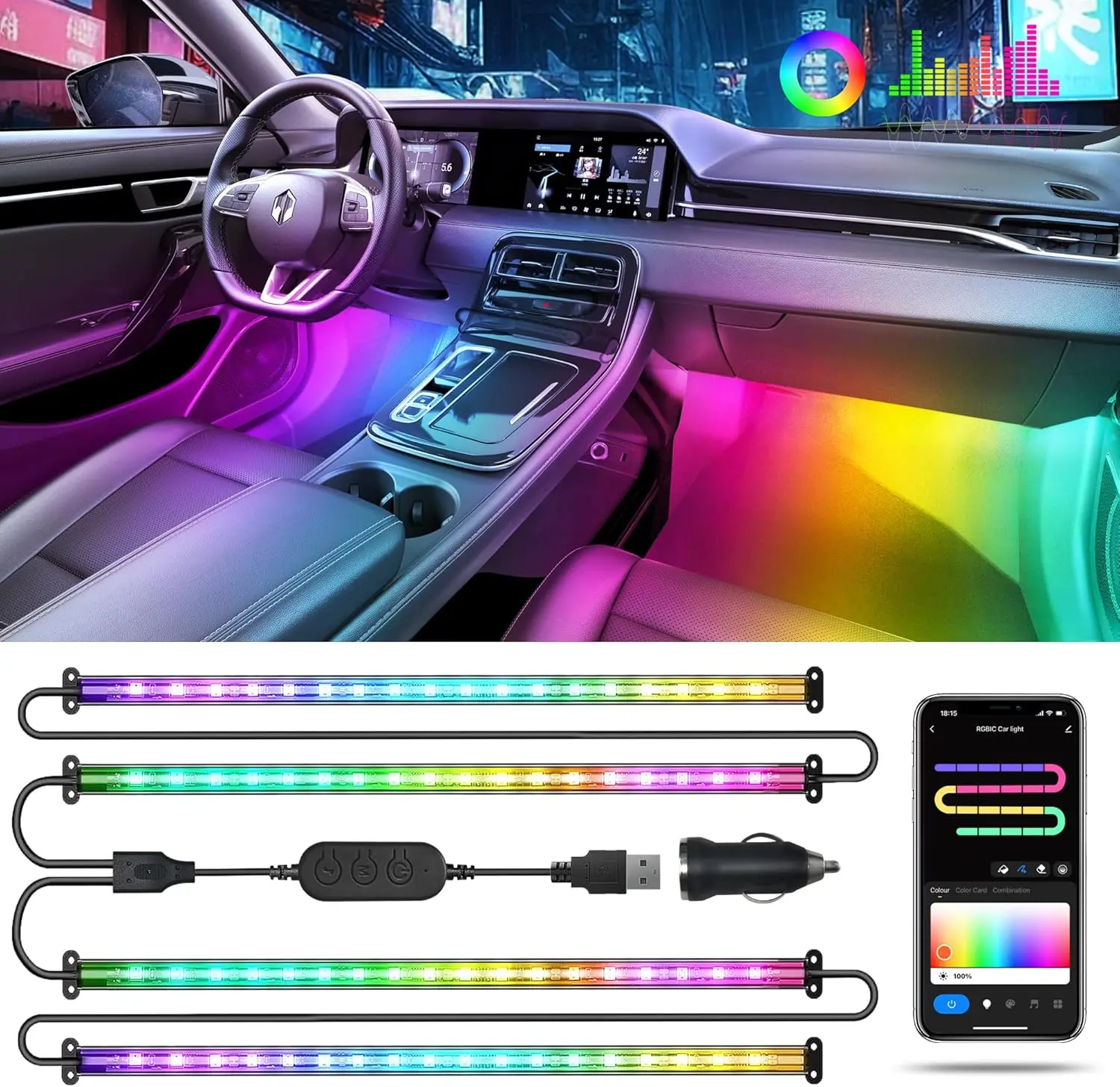 Car LED Lights, RGB+IC 72 LED Interior Strip, 16 Million Colors, APP Control, Music Sync, 2 Lines Design for SUV Truck
Car LED Lights, RGB+IC 72 LED Interior Strip, 16 Million Colors, APP Control, Music Sync, 2 Lines Design for SUV Truck