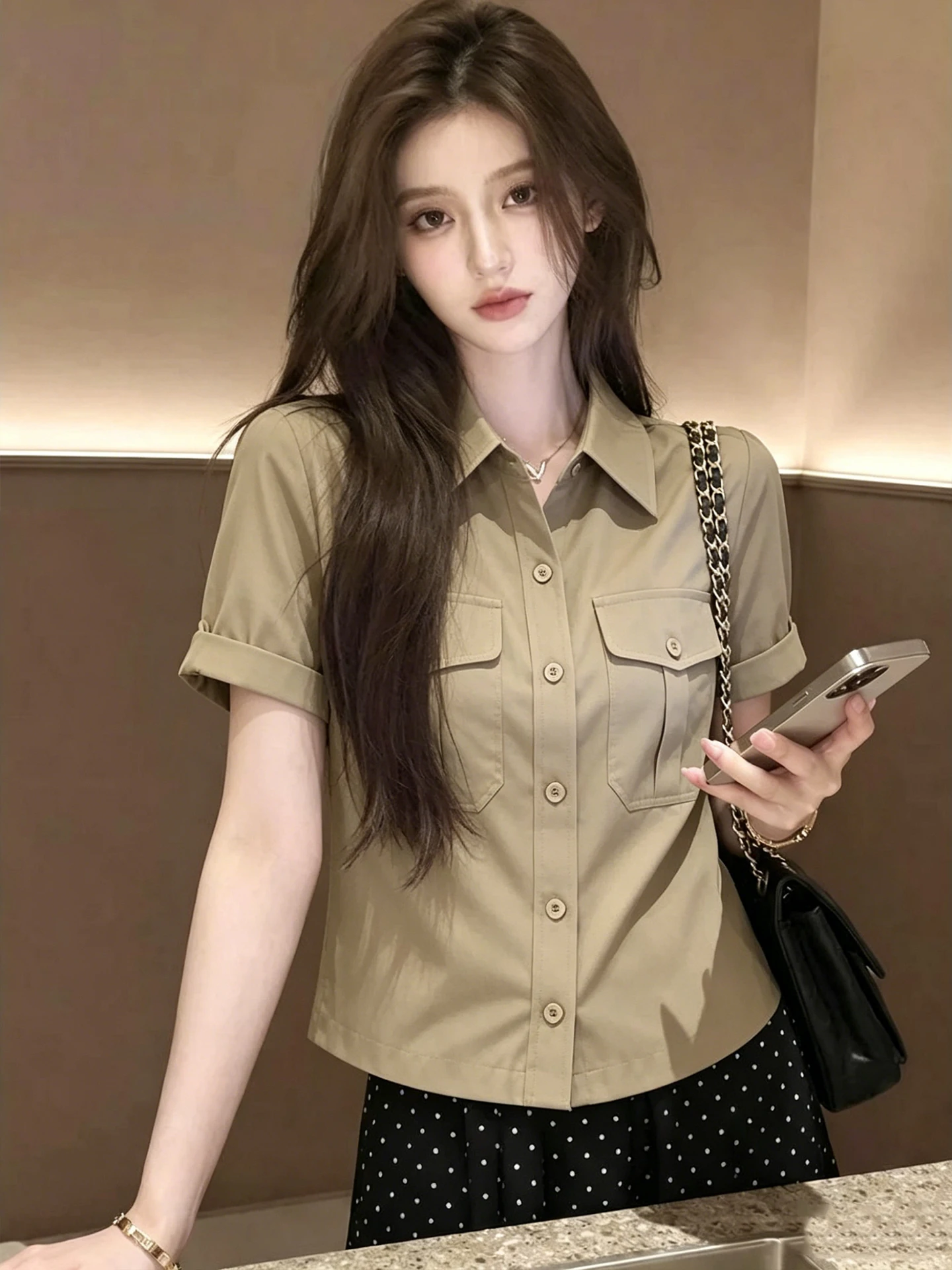 Khaki Short Sleeve Turn-down Collar Shirt Women's Summer Fashion Versatile Top Commute Style Korean Version Breathable Comfor...
Khaki Short Sleeve Turn-down Collar Shirt Women's Summer Fashion Versatile Top Commute Style Korean Version Breathable Comfor...