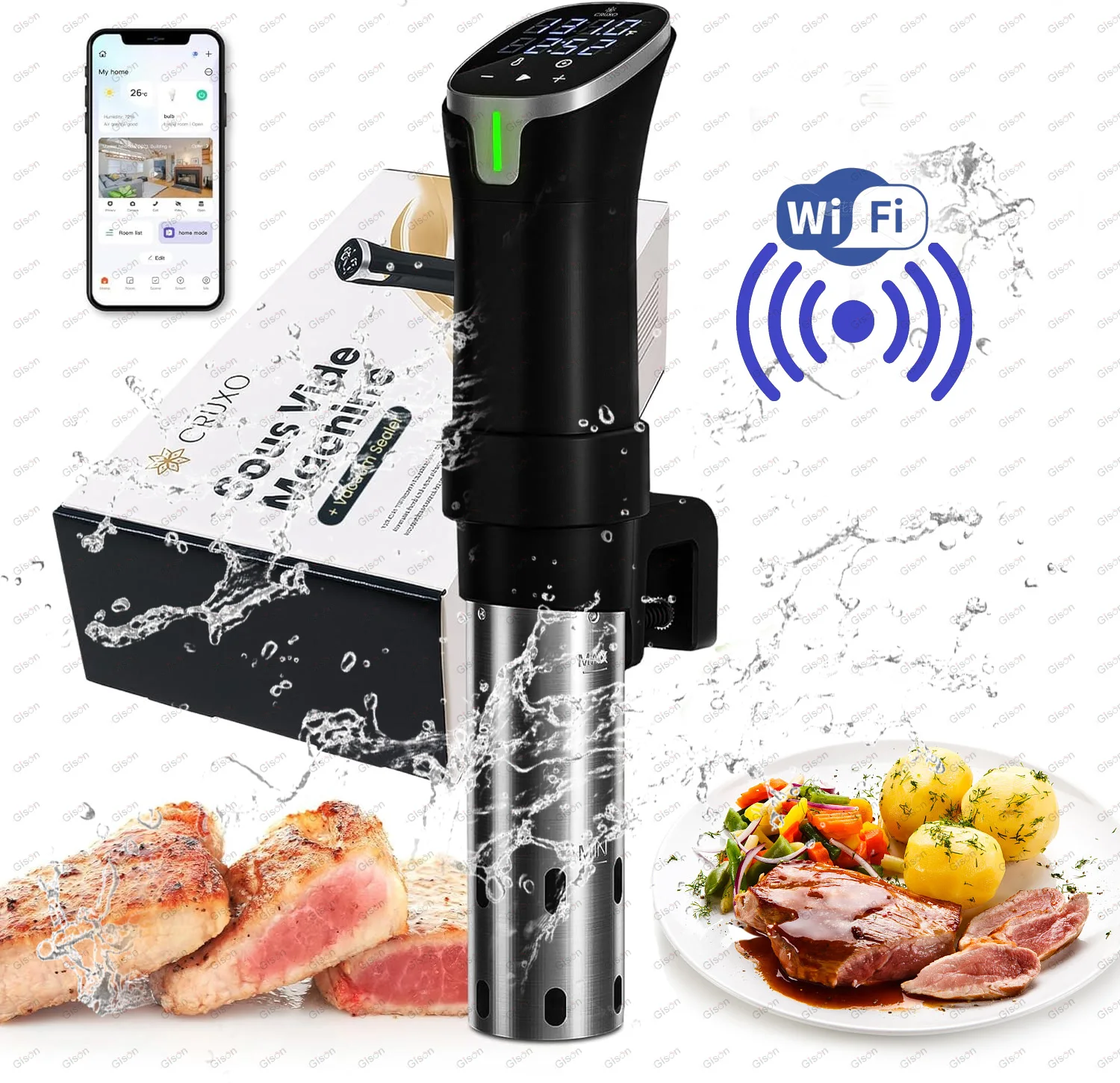 Gison Sous Vide Cooker 1100W IPX7 Waterproof Vacuum Cooker WIFI smart control LCD Touch Immersion Circulator with DigitalDisplay
Gison Sous Vide Cooker 1100W IPX7 Waterproof Vacuum Cooker WIFI smart control LCD Touch Immersion Circulator with DigitalDisplay