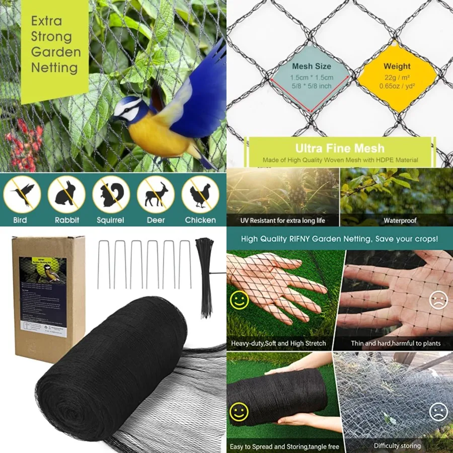 Bird Netting for Garden - Heavy Duty Anti Bird Netting Mesh with Ties and Landscape Staples for Vegetable, Fruit Trees and Othe
Bird Netting for Garden - Heavy Duty Anti Bird Netting Mesh with Ties and Landscape Staples for Vegetable, Fruit Trees and Othe