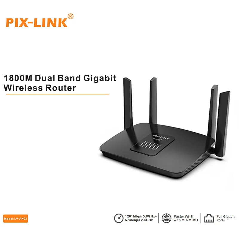 PIX-LINK AX03 AX1800 WiFi 6 Router Gigabit Ports Dual Band 2.4G/5.8G MU-MIMO OFDMA OpenWRT VPN for Home Office
PIX-LINK AX03 AX1800 WiFi 6 Router Gigabit Ports Dual Band 2.4G/5.8G MU-MIMO OFDMA OpenWRT VPN for Home Office