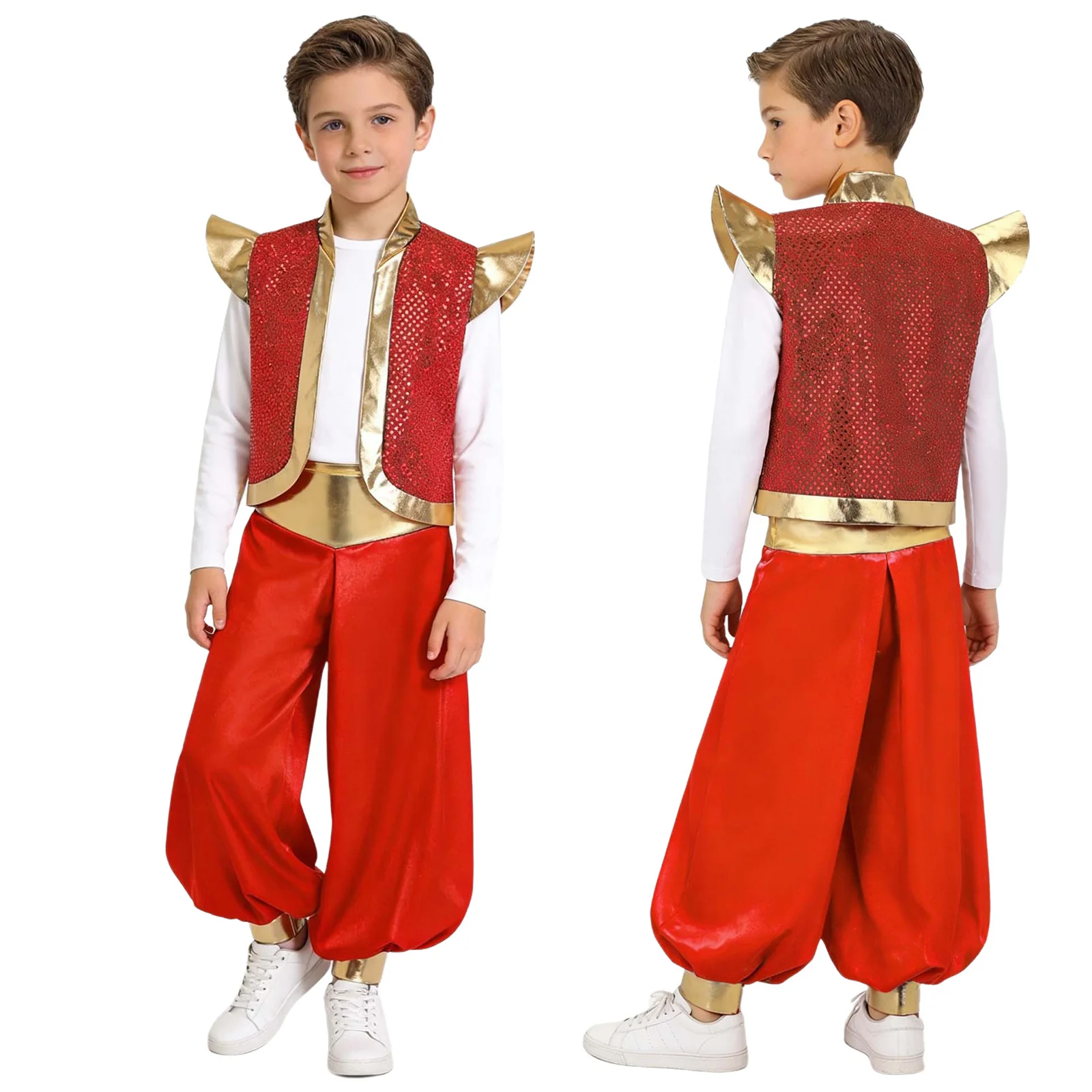 Kids Boys 2 Pieces Arabian Prince Cosplay Costumes Sequins Metallic Arabian Vest Stand Collar Shoulder Pads Vest with Loose Pant
Kids Boys 2 Pieces Arabian Prince Cosplay Costumes Sequins Metallic Arabian Vest Stand Collar Shoulder Pads Vest with Loose Pant